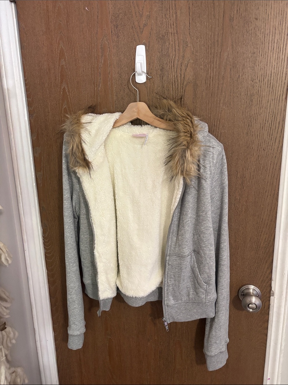 Urban Outfitters Gray Zip-Up Teddy Jacket with Cream Sherpa and Faux Fur Hood